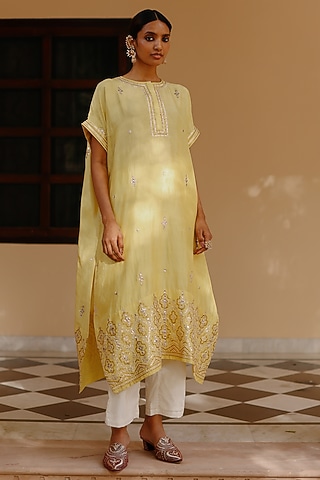 Yellow Pure Mulberry Silk Embroidered Kaftan Set by Avacara