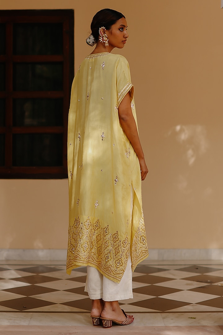 Yellow Pure Mulberry Silk Embroidered Kaftan Set by Avacara at Pernia's Pop Up Shop