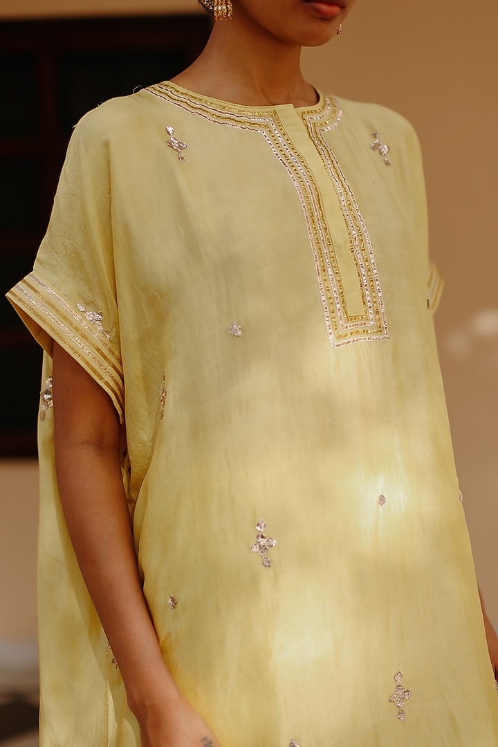 Yellow Pure Mulberry Silk Embroidered Kaftan Set by Avacara at Pernia's Pop Up Shop