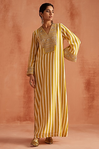 Yellow Handloom Chanderi Hand Block Printed Kaftan Dress by Avacara