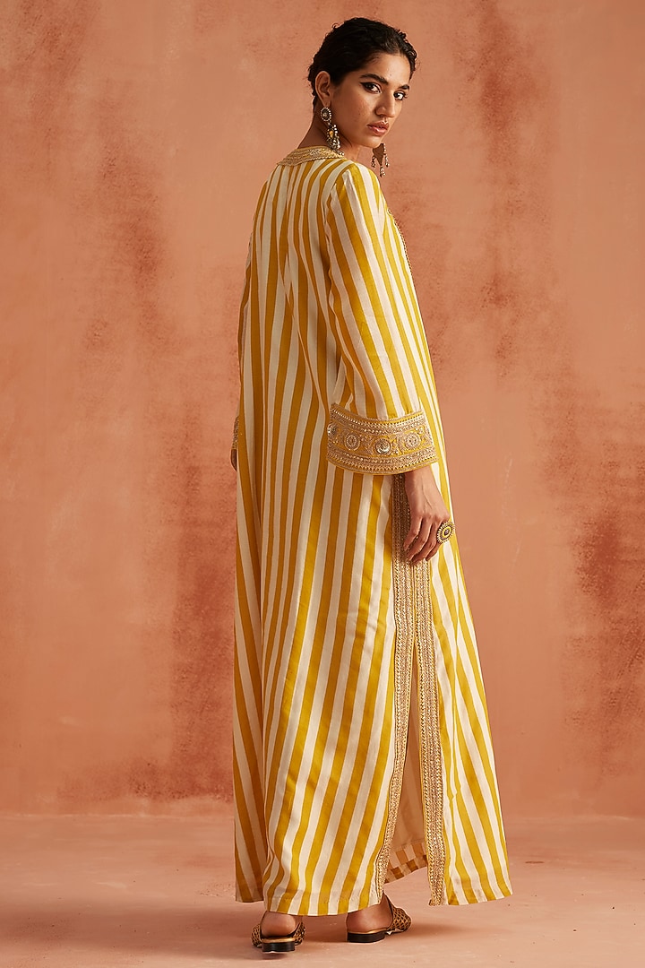 Yellow Handloom Chanderi Hand Block Printed Kaftan Cocktail Dress by Avacara at Pernia's Pop Up Shop