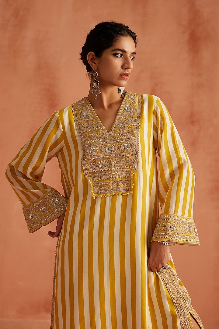 Yellow Handloom Chanderi Hand Block Printed Kaftan Cocktail Dress by Avacara at Pernia's Pop Up Shop