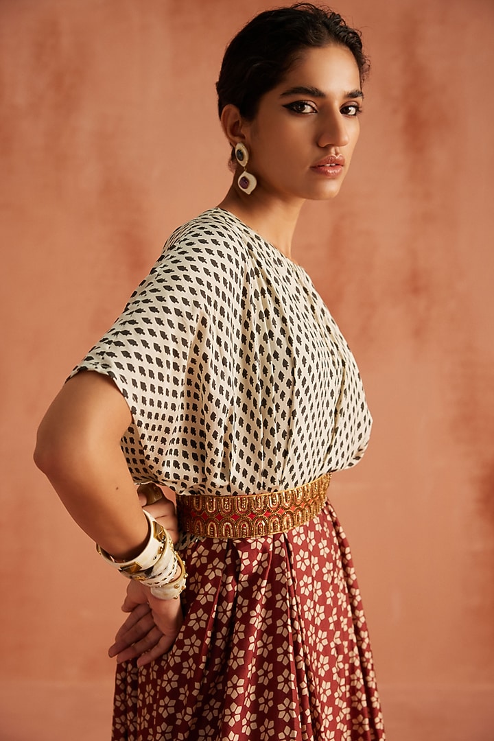 Red & White Pure Silk Hand Block Printed Flared Cocktail Dress by Avacara at Pernia's Pop Up Shop