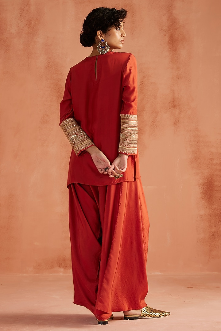 Red Pure Silk Hand Block Printed Short Kurta Set by Avacara at Pernia's Pop Up Shop
