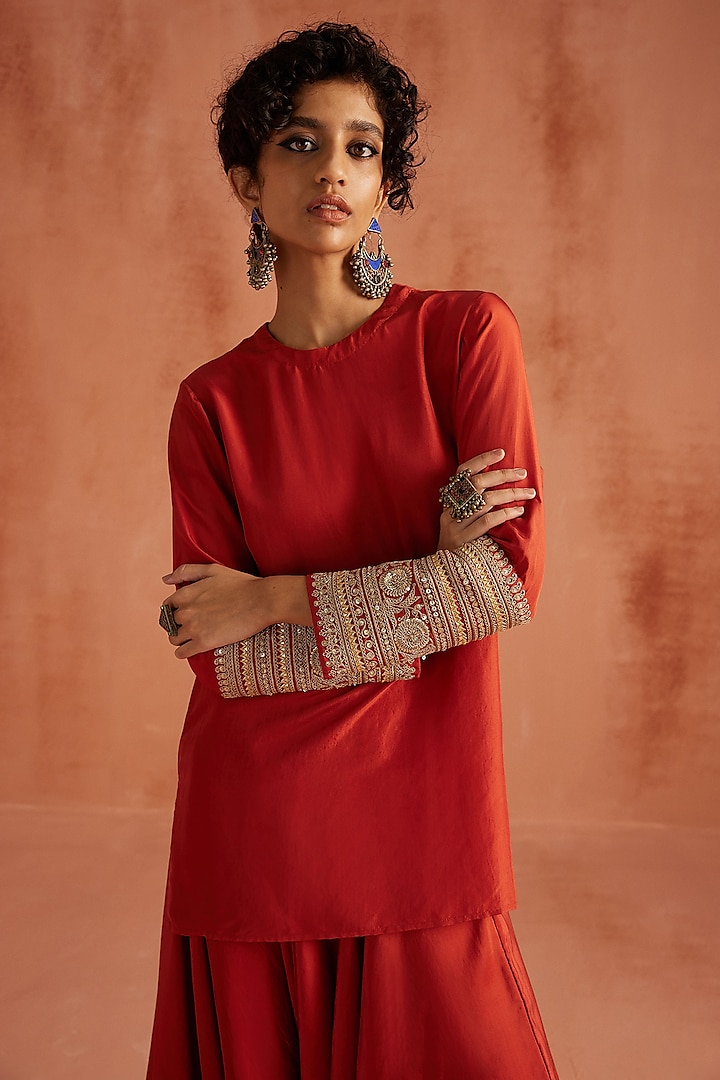 Red Pure Silk Hand Block Printed Short Kurta Set by Avacara at Pernia's Pop Up Shop