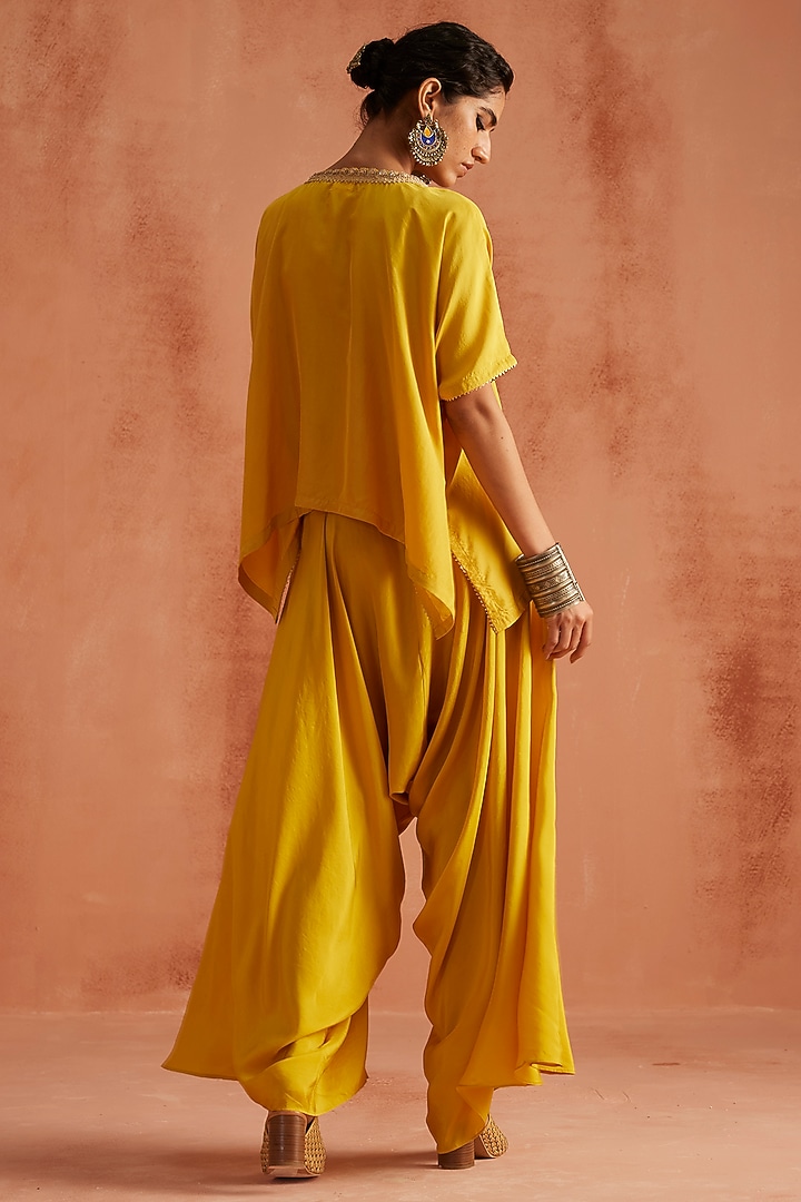 Yellow Pure Silk Hand Block Printed Kaftan Set by Avacara at Pernia's Pop Up Shop