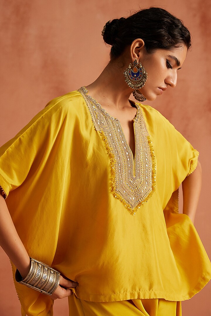 Yellow Pure Silk Hand Block Printed Kaftan Set by Avacara at Pernia's Pop Up Shop