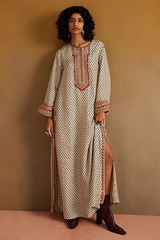 White & Black Cotton Silk Satin Hand Block Printed Kaftan Dress by Avacara