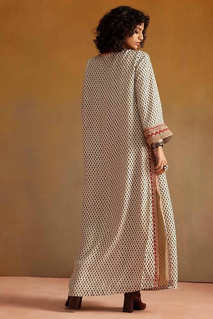 White & Black Cotton Silk Satin Hand Block Printed Kaftan Cocktail Dress by Avacara at Pernia's Pop Up Shop