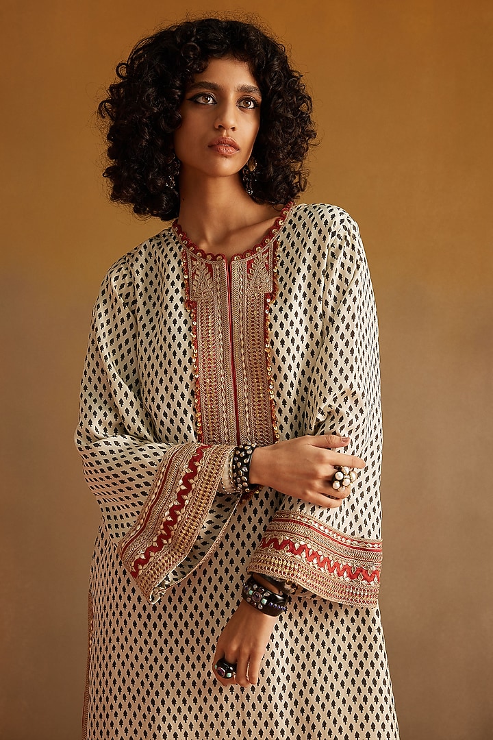 White & Black Cotton Silk Satin Hand Block Printed Kaftan Cocktail Dress by Avacara at Pernia's Pop Up Shop