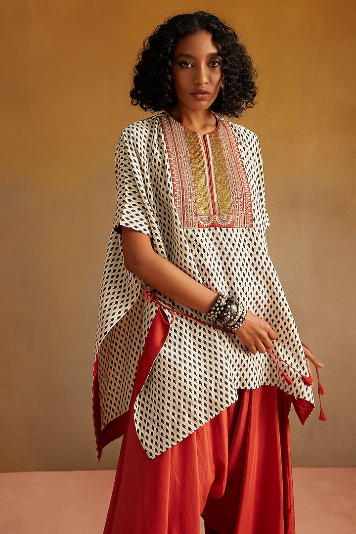 White & Black Cotton Silk Satin Hand Block Printed Kaftan Set by Avacara at Pernia's Pop Up Shop