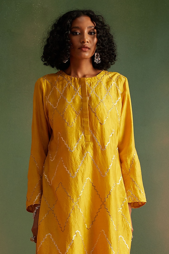 Yellow Silk Gota Embroidered Kurta Set by Avacara at Pernia's Pop Up Shop