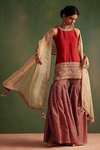 Red Chanderi Sharara Set by Avacara