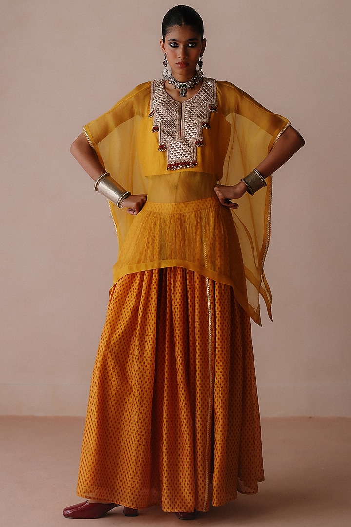 Yellow Organza Gota Work Cape Set by Avacara at Pernia's Pop Up Shop