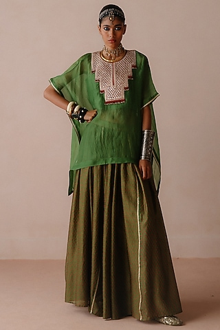 Green Organza Gota Work Cape Set by Avacara