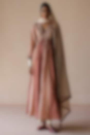 Rust Chanderi Printed & Thread Embroidered Wedding Anarkali Set by Avacara at Pernia's Pop Up Shop