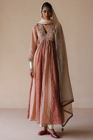 Rust Chanderi Printed & Thread Embroidered Anarkali Set by Avacara