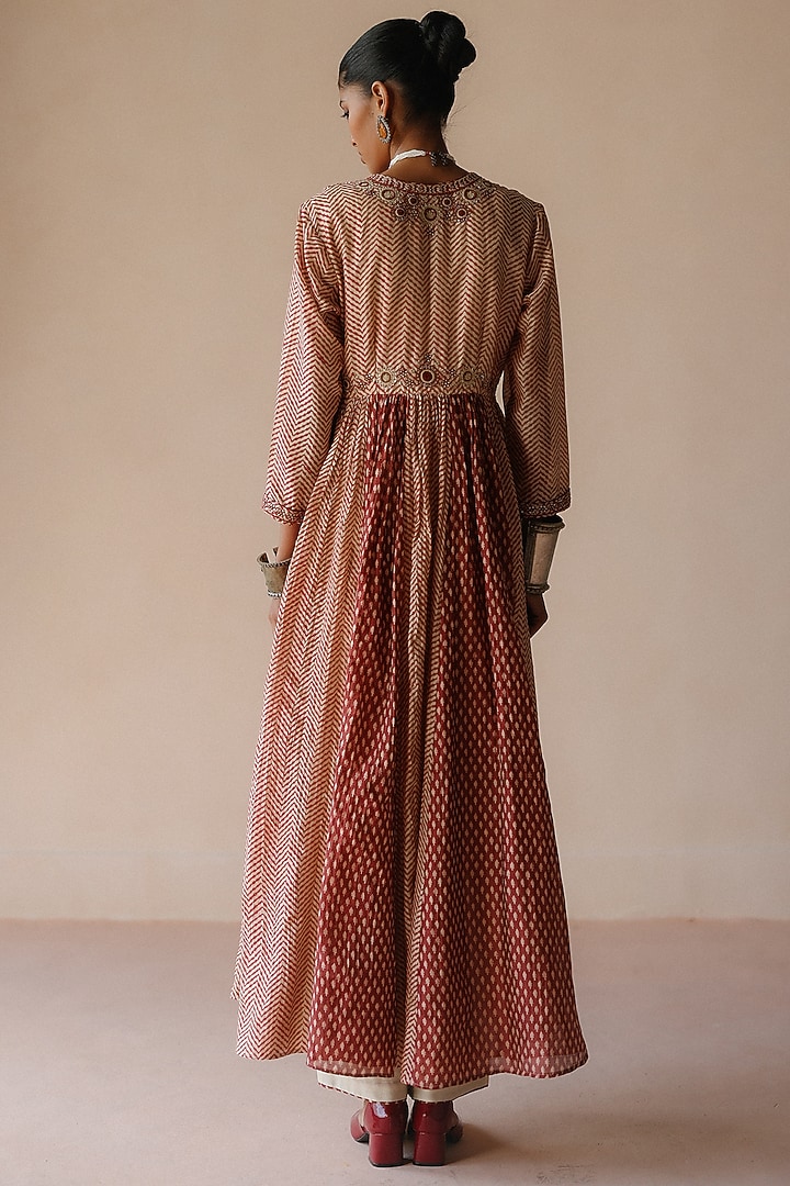 Rust Chanderi Printed & Thread Embroidered Wedding Anarkali Set by Avacara at Pernia's Pop Up Shop