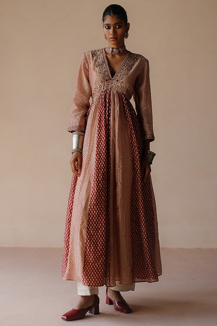 Rust Chanderi Printed & Thread Embroidered Wedding Anarkali Set by Avacara at Pernia's Pop Up Shop