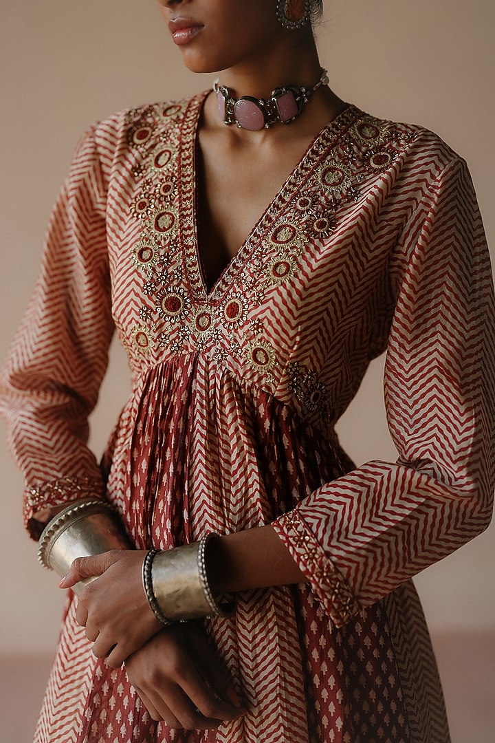 Rust Chanderi Printed & Thread Embroidered Wedding Anarkali Set by Avacara at Pernia's Pop Up Shop