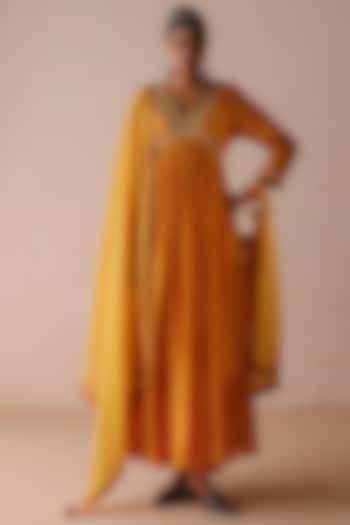 Yellow Chanderi Printed & Thread Embroidered Wedding Anarkali Set by Avacara at Pernia's Pop Up Shop