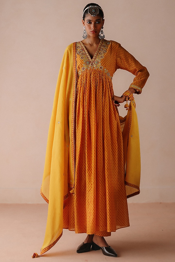 Yellow Chanderi Printed & Thread Embroidered Wedding Anarkali Set by Avacara at Pernia's Pop Up Shop