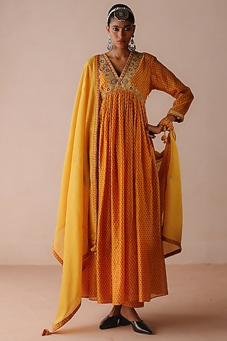 Yellow Chanderi Printed & Thread Embroidered Anarkali Set by Avacara
