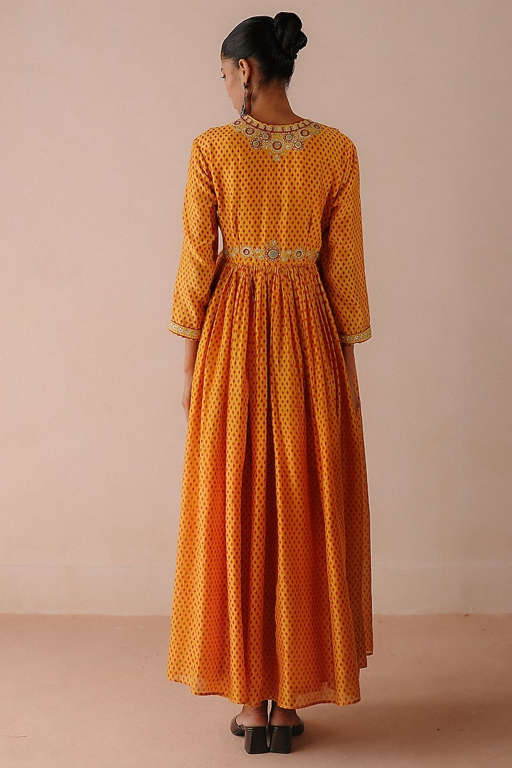 Yellow Chanderi Printed & Thread Embroidered Wedding Anarkali Set by Avacara at Pernia's Pop Up Shop