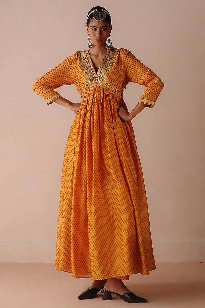 Yellow Chanderi Printed & Thread Embroidered Wedding Anarkali Set by Avacara at Pernia's Pop Up Shop