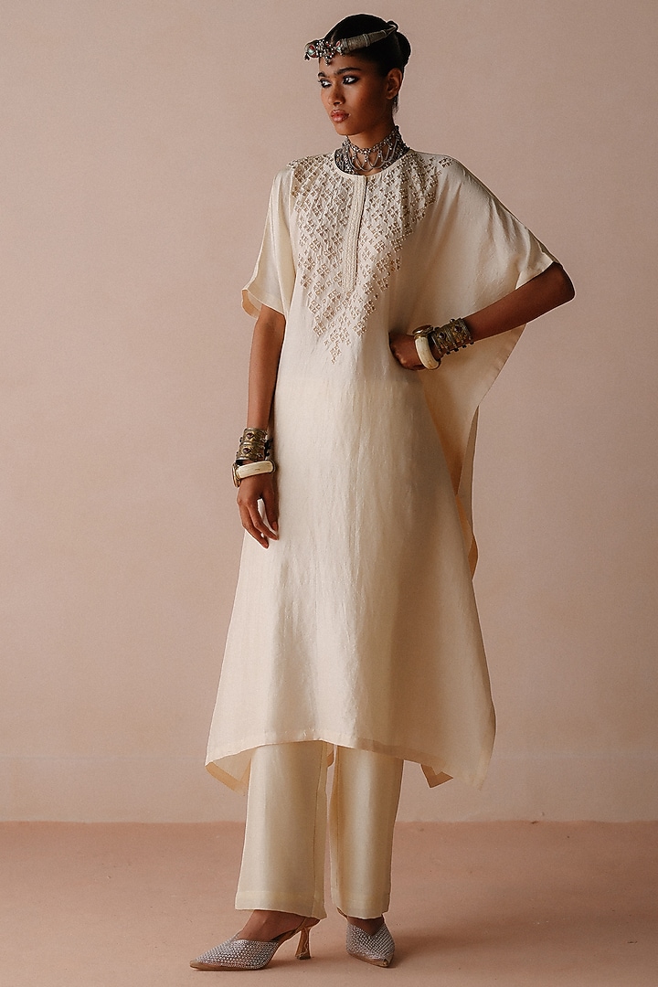 Ivory Silk Dori Embroidered Kaftan Set by Avacara at Pernia's Pop Up Shop