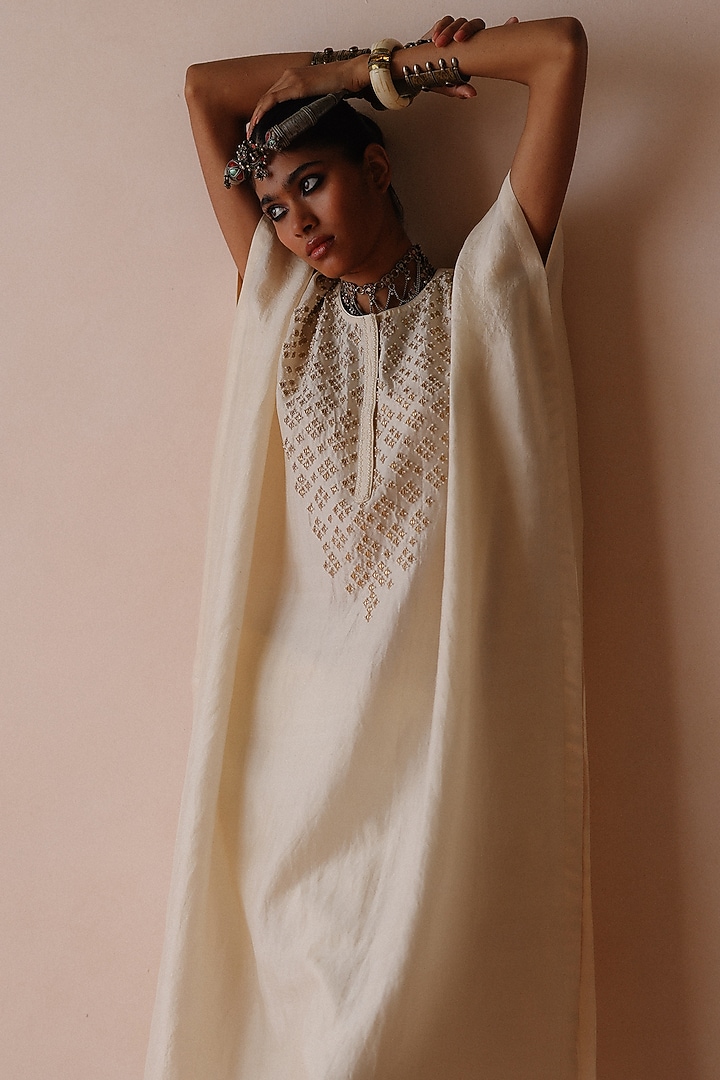 Ivory Silk Dori Embroidered Kaftan Set by Avacara at Pernia's Pop Up Shop