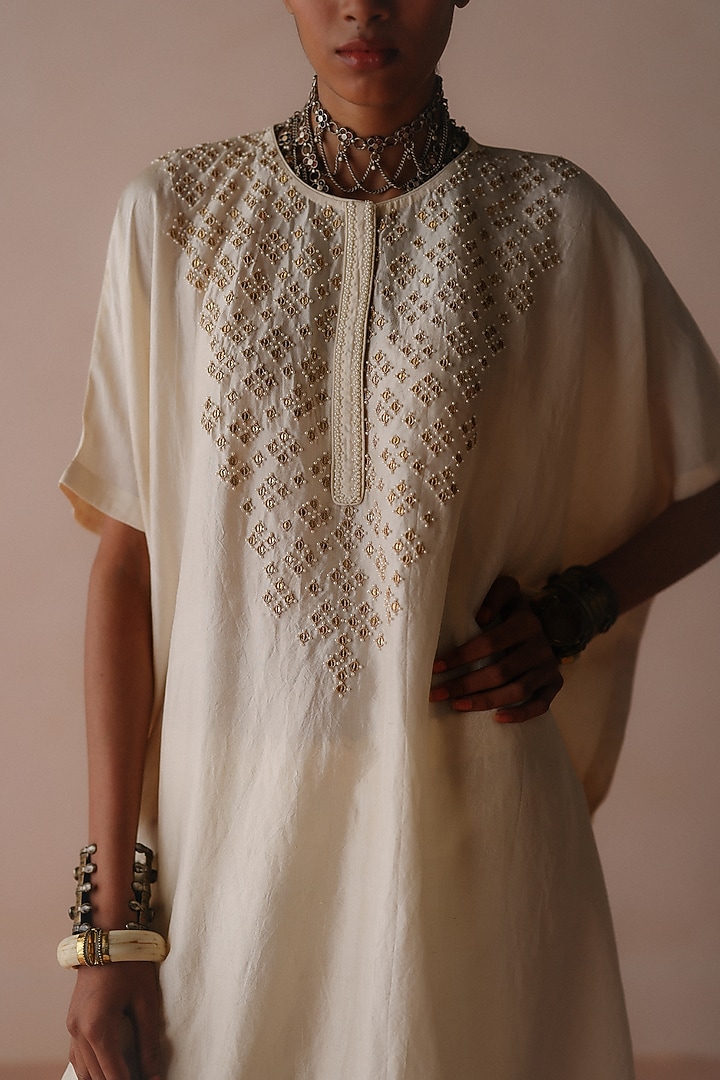 Ivory Silk Dori Embroidered Kaftan Set by Avacara at Pernia's Pop Up Shop
