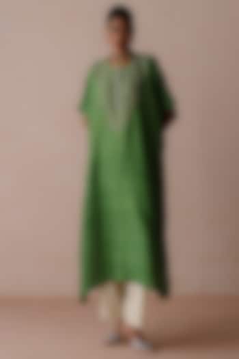 Green Silk Dori Embroidered Kaftan Set by Avacara at Pernia's Pop Up Shop