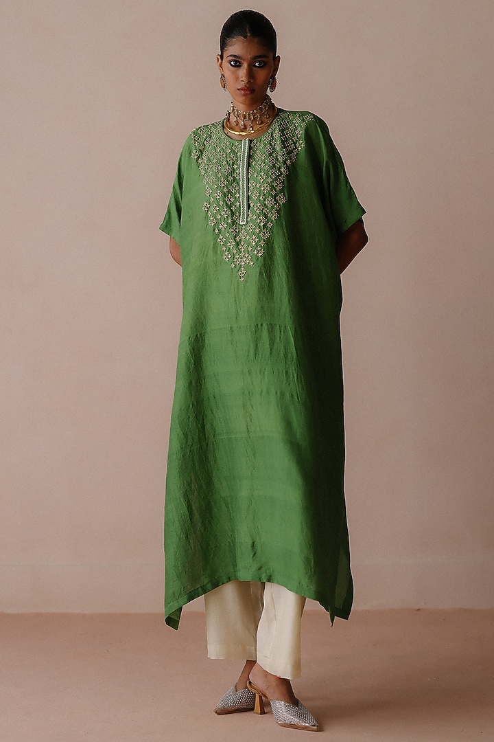 Green Silk Dori Embroidered Kaftan Set by Avacara at Pernia's Pop Up Shop