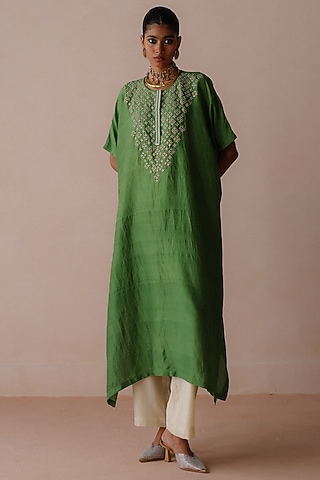 Green Silk Dori Embroidered Kaftan Set by Avacara