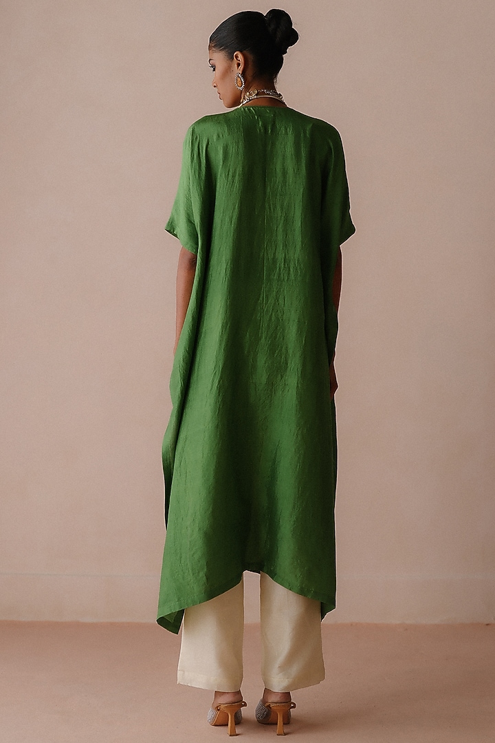Green Silk Dori Embroidered Kaftan Set by Avacara at Pernia's Pop Up Shop