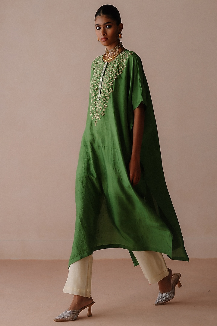 Green Silk Dori Embroidered Kaftan Set by Avacara at Pernia's Pop Up Shop