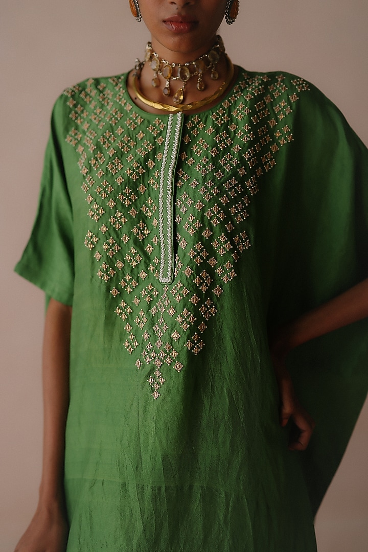 Green Silk Dori Embroidered Kaftan Set by Avacara at Pernia's Pop Up Shop