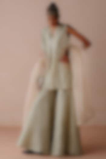 Blue Striped Chanderi Embroidered Wedding Sharara Set by Avacara at Pernia's Pop Up Shop