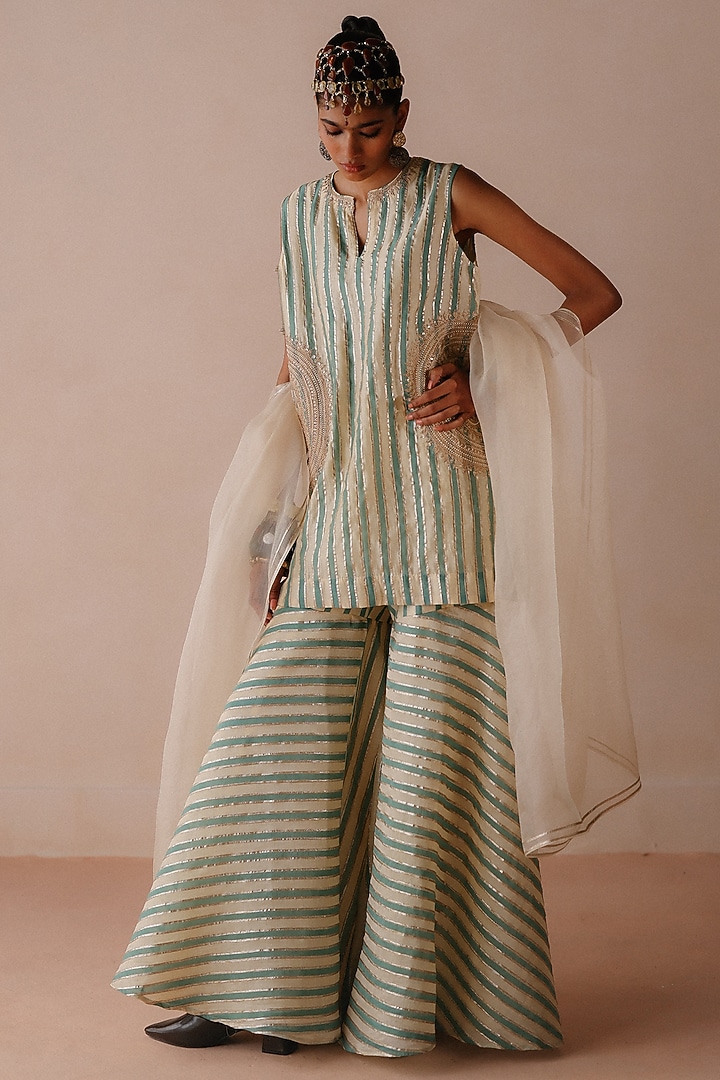 Blue Striped Chanderi Embroidered Wedding Sharara Set by Avacara at Pernia's Pop Up Shop