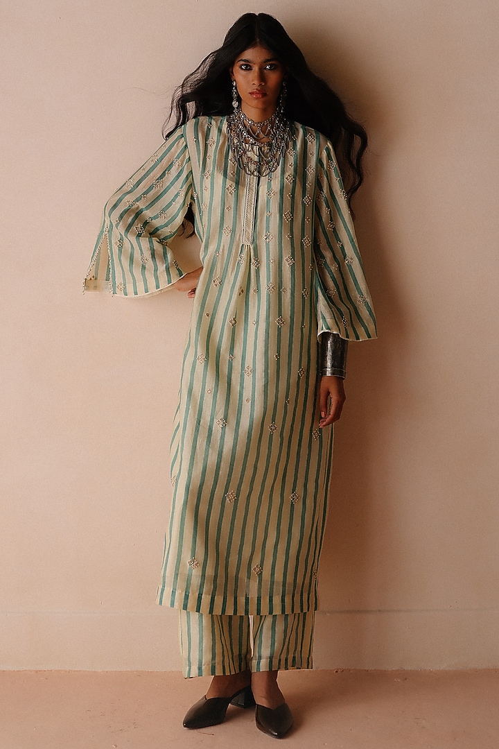 Blue Striped Chanderi Dori Embroidered Kurta Set by Avacara at Pernia's Pop Up Shop