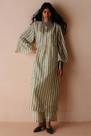 Blue Striped Chanderi Dori Embroidered Kurta Set by Avacara