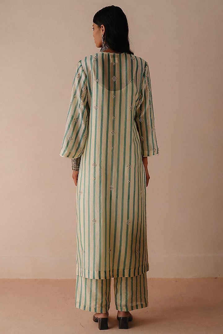 Blue Striped Chanderi Dori Embroidered Kurta Set by Avacara at Pernia's Pop Up Shop