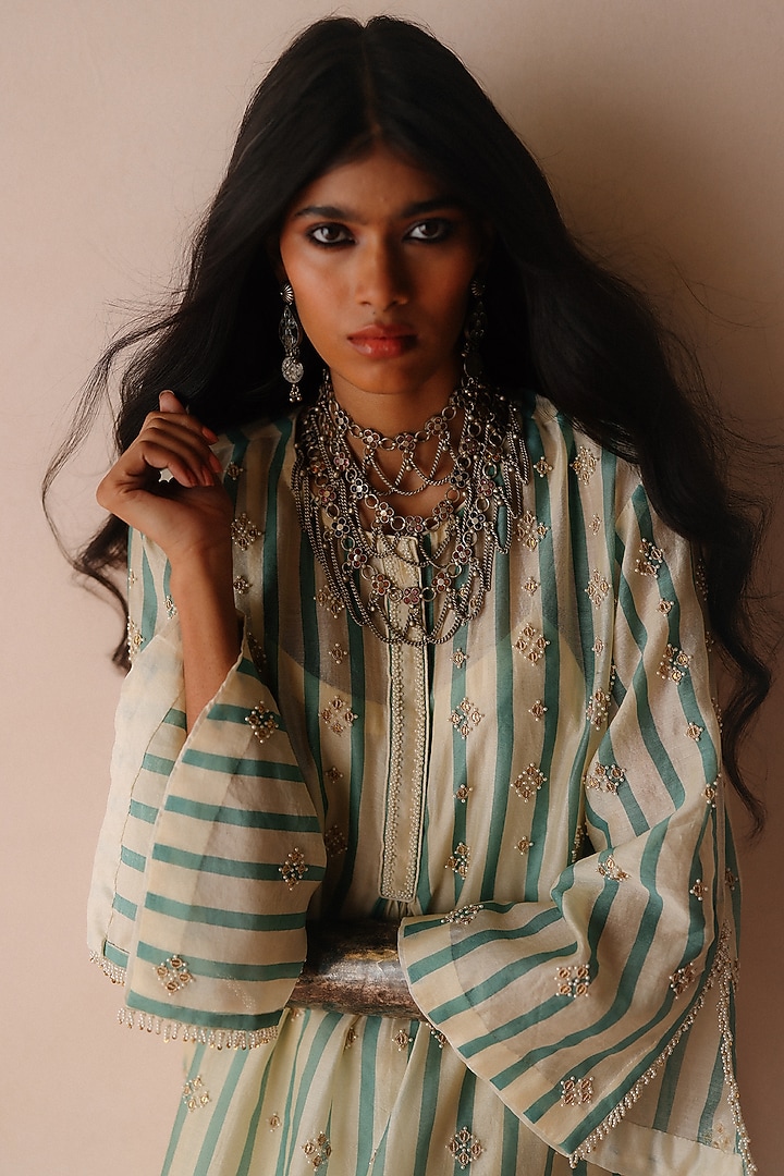 Blue Striped Chanderi Dori Embroidered Kurta Set by Avacara at Pernia's Pop Up Shop