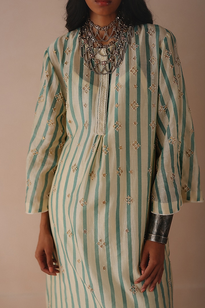 Blue Striped Chanderi Dori Embroidered Kurta Set by Avacara at Pernia's Pop Up Shop