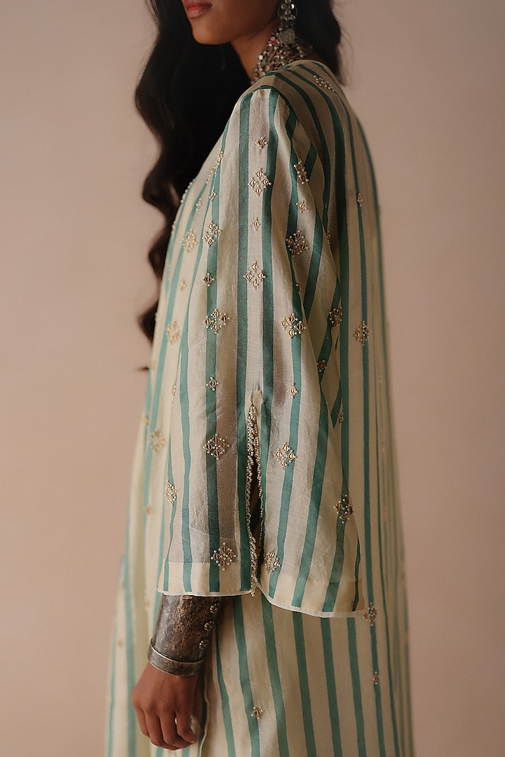 Blue Striped Chanderi Dori Embroidered Kurta Set by Avacara at Pernia's Pop Up Shop