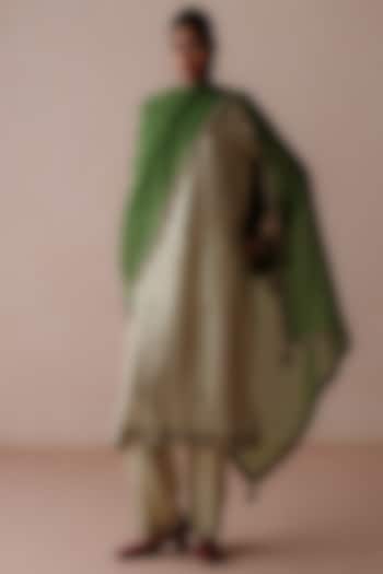 Green Striped Chanderi Marodi Embroidered Kurta Set by Avacara at Pernia's Pop Up Shop