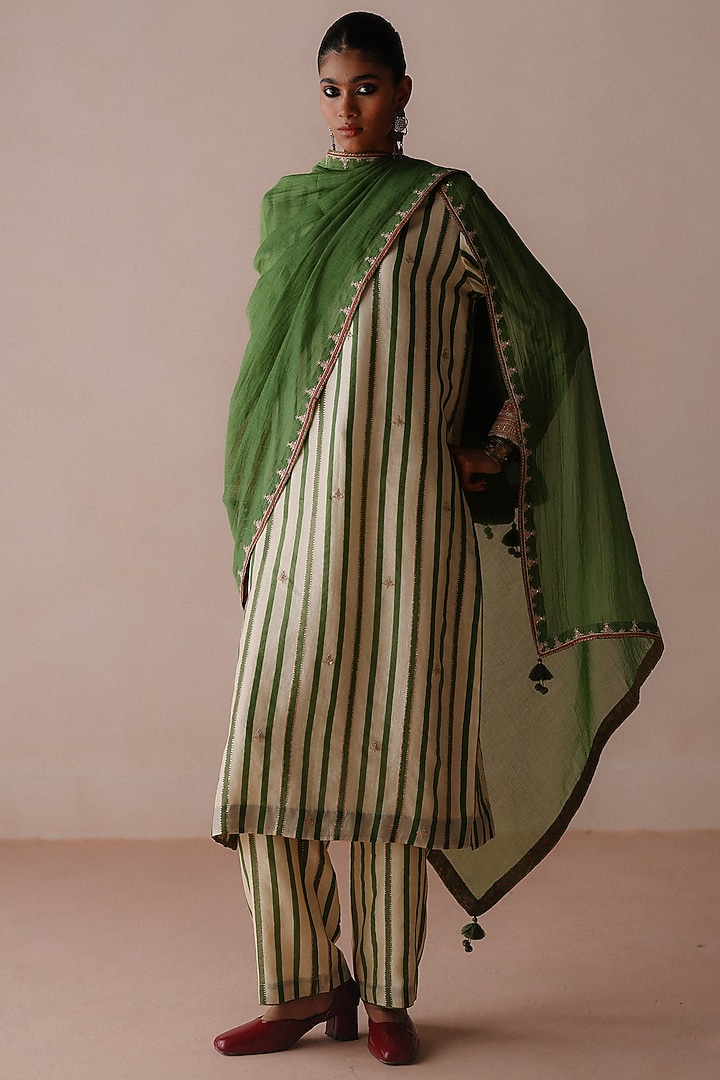 Green Striped Chanderi Marodi Embroidered Kurta Set by Avacara at Pernia's Pop Up Shop