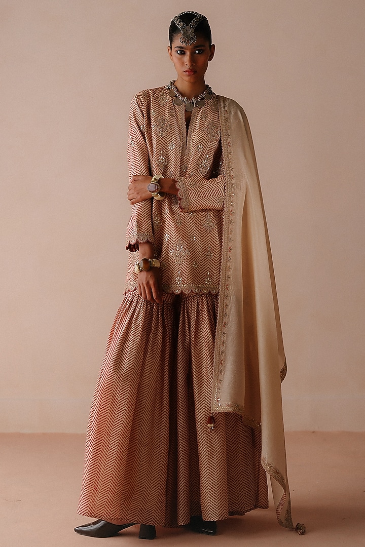 Rust Chanderi Marodi Embroidered Wedding Sharara Set by Avacara at Pernia's Pop Up Shop