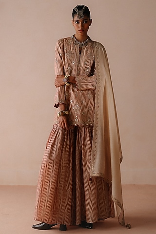 Rust Chanderi Marodi Embroidered Sharara Set by Avacara